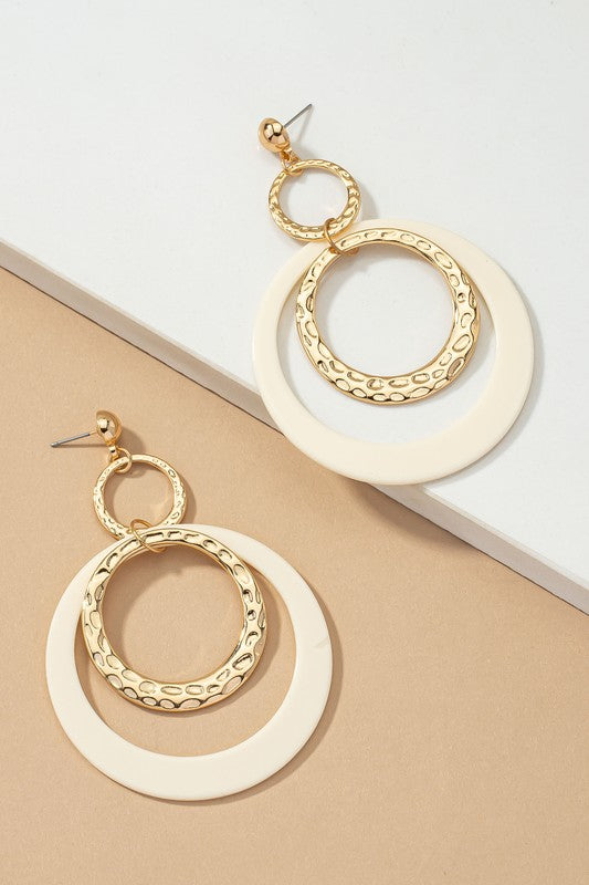 Hammered metal and acrylic hoop drop earrings - House of Binx 