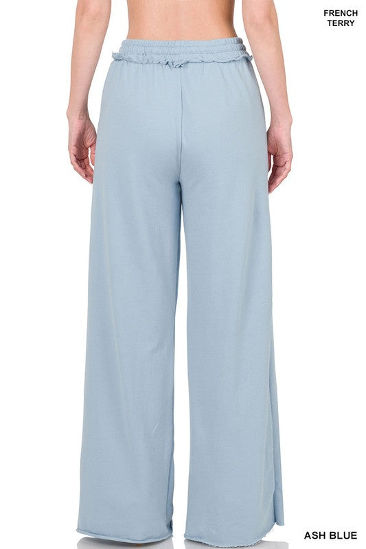 French Terry Drawstring Waist Raw Edge Hem Pants - House of Binx 