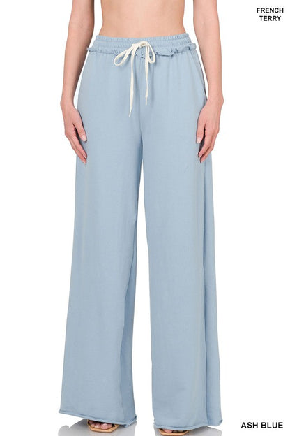 French Terry Drawstring Waist Raw Edge Hem Pants - House of Binx 