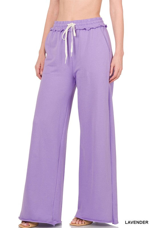 French Terry Drawstring Waist Raw Edge Hem Pants - House of Binx 