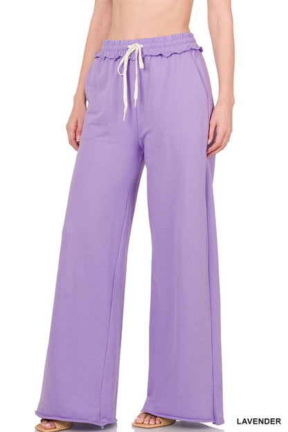 French Terry Drawstring Waist Raw Edge Hem Pants - House of Binx 