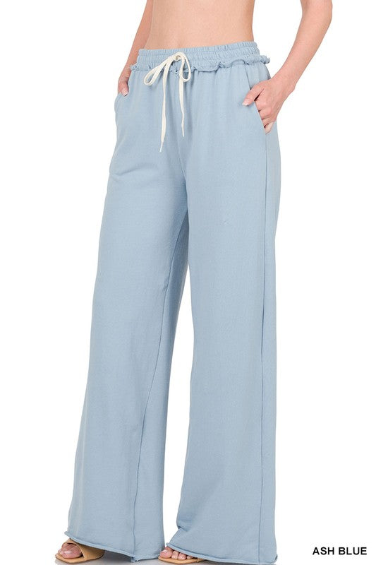 French Terry Drawstring Waist Raw Edge Hem Pants - House of Binx 