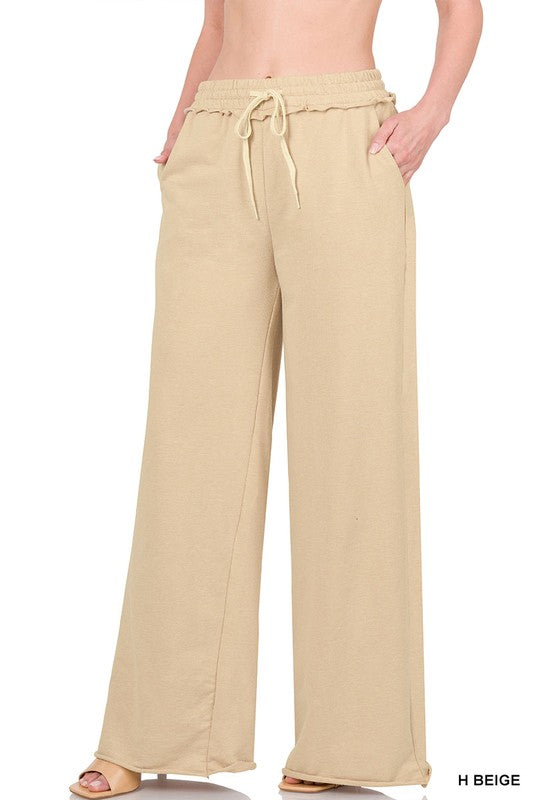 French Terry Drawstring Waist Raw Edge Hem Pants - House of Binx 