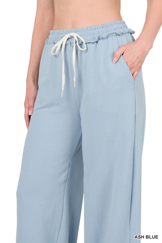 French Terry Drawstring Waist Raw Edge Hem Pants - House of Binx 