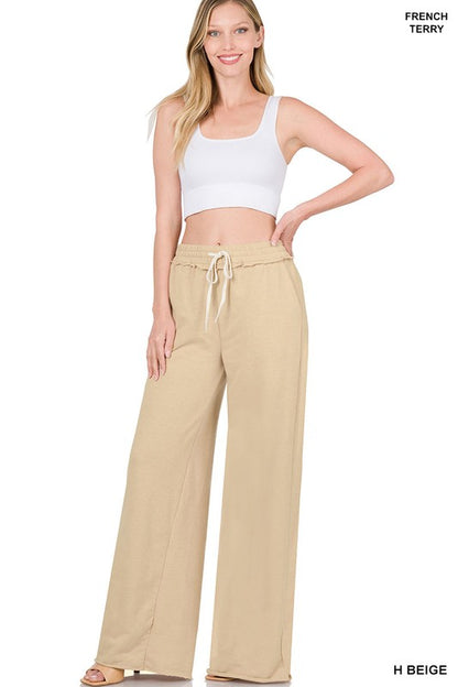 French Terry Drawstring Waist Raw Edge Hem Pants - House of Binx 