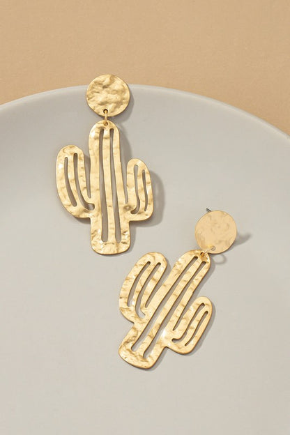 Hammered thin metal openwork cactus drop earrings - House of Binx 