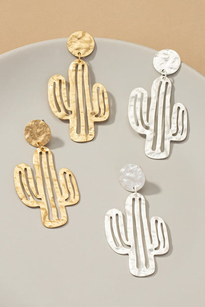 Hammered thin metal openwork cactus drop earrings - House of Binx 