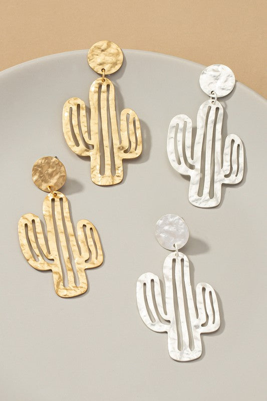 Hammered thin metal openwork cactus drop earrings - House of Binx 