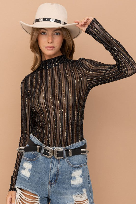 Metallic Star Stripe Mesh Mock Neck  Top - House of Binx 