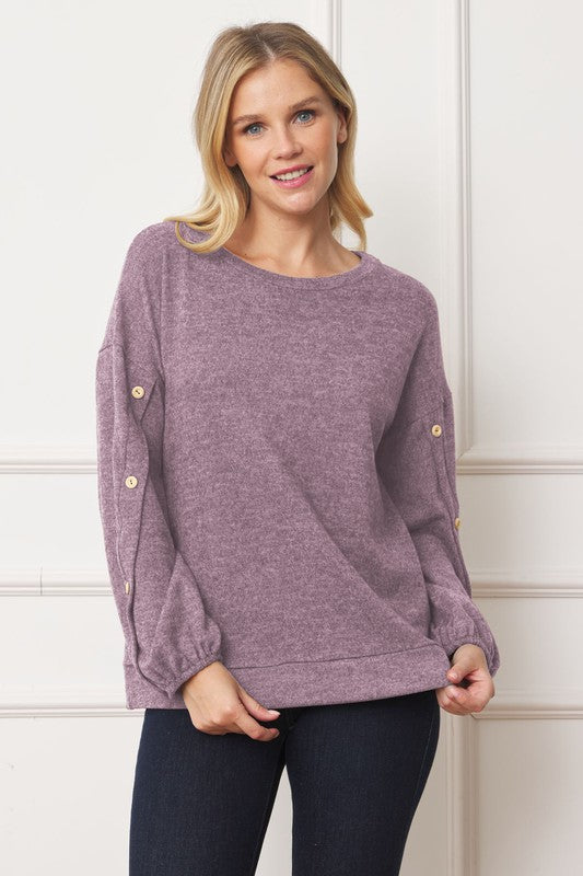 Full Size Drop Shoulder Button Sleeve Detail Top