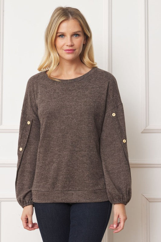 Full Size Drop Shoulder Button Sleeve Detail Top