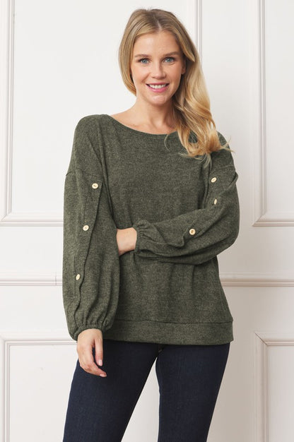 Full Size Drop Shoulder Button Sleeve Detail Top