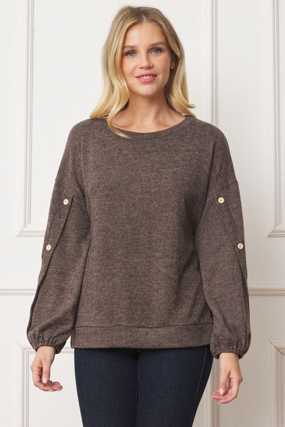 Full Size Drop Shoulder Button Sleeve Detail Top