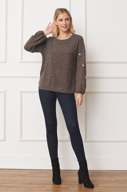 Full Size Drop Shoulder Button Sleeve Detail Top