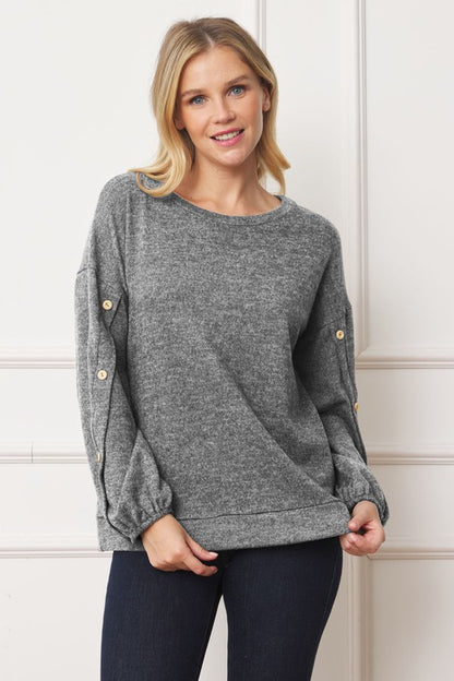 Full Size Drop Shoulder Button Sleeve Detail Top