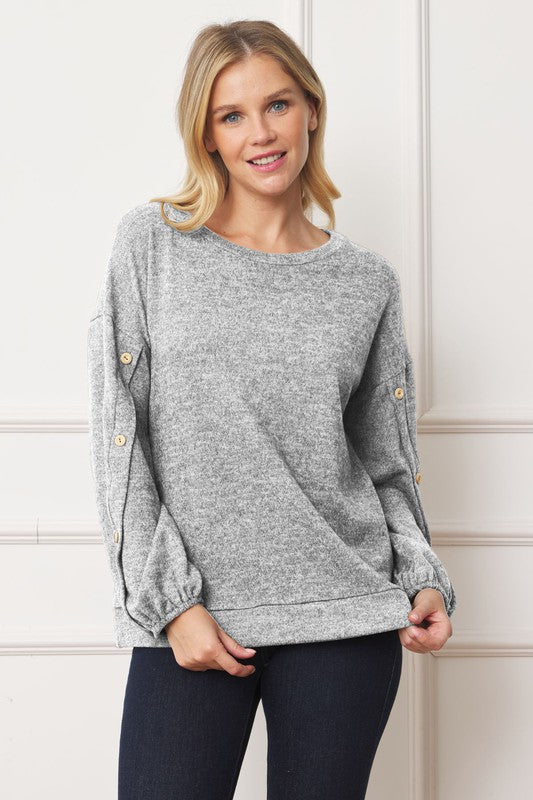 Full Size Drop Shoulder Button Sleeve Detail Top