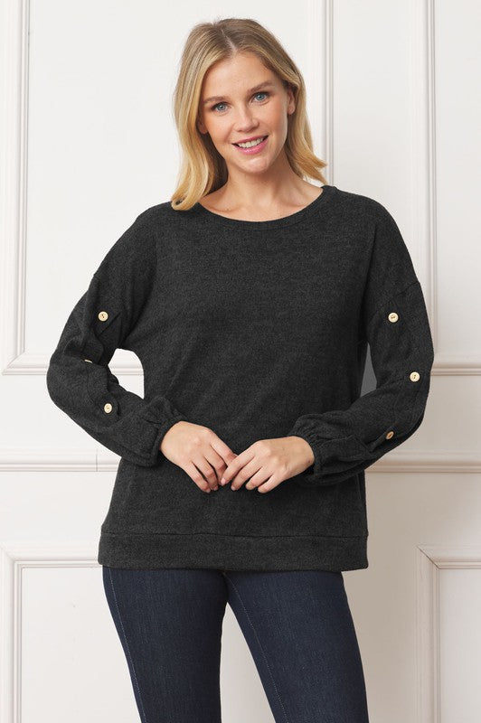 Full Size Drop Shoulder Button Sleeve Detail Top