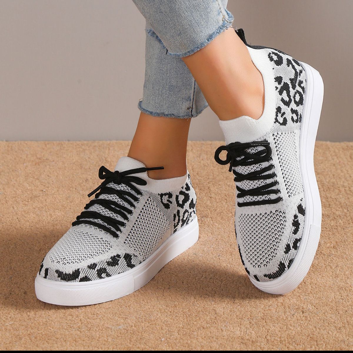 Lace-Up Leopard Flat Sneakers - House of Binx 