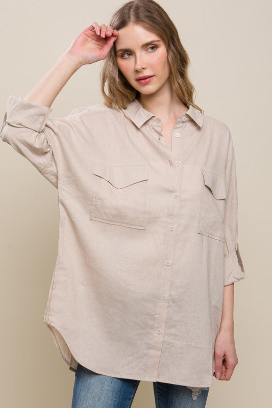 Linen Oversized Double Pocket Button Down Shirt - House of Binx 