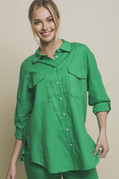 Linen Oversized Double Pocket Button Down Shirt - House of Binx 