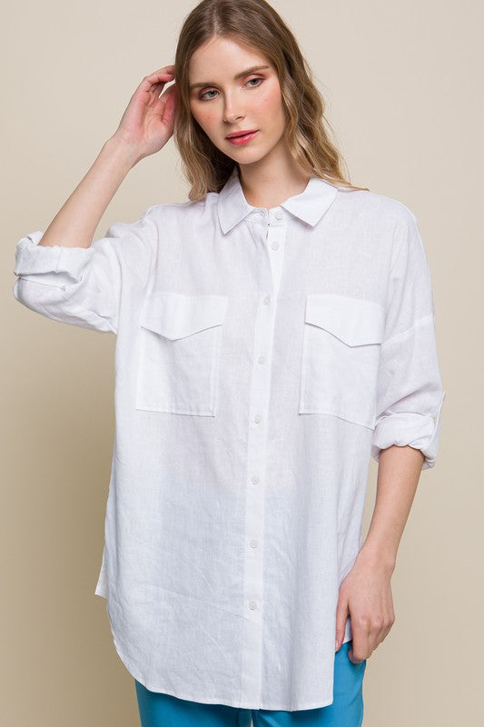 Linen Oversized Double Pocket Button Down Shirt - House of Binx 