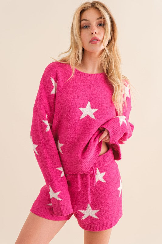 Soft Long Sleeve Star Print Top and Short Set - House of Binx 