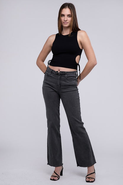 Acid Washed Frayed Cutoff Hem Straight Wide Pants - House of Binx 