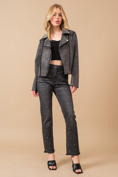 Crystal Studded Stretch Zip Up Moto Jacket - House of Binx 