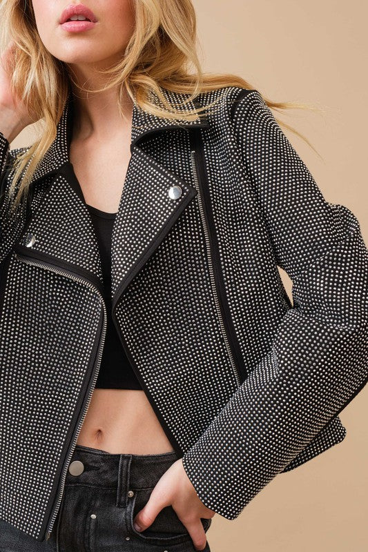Crystal Studded Stretch Zip Up Moto Jacket - House of Binx 