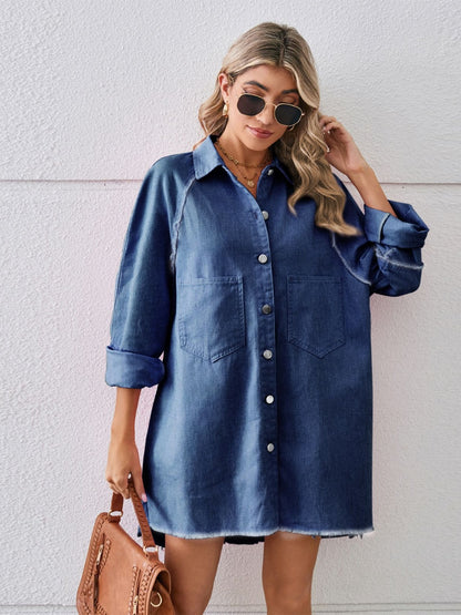 Raw Hem Button Up Denim Dress - House of Binx 