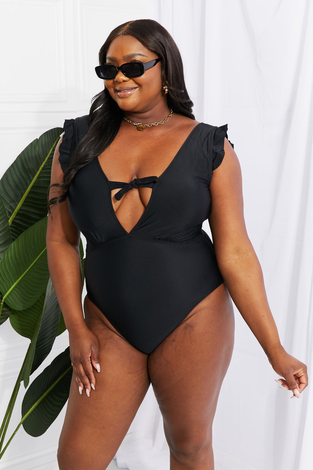 Marina West Swim Seashell Ruffle Sleeve One-Piece in Black - House of Binx 