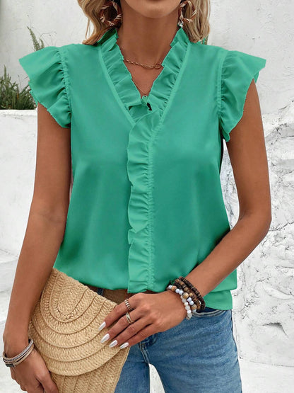 Ruffled V-Neck Cap Sleeve Blouse - House of Binx 