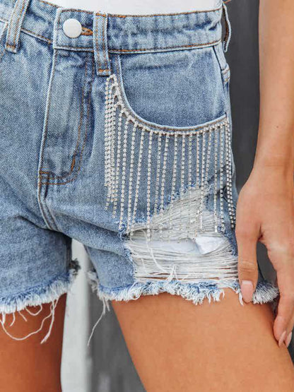 Distressed Fringe Denim Shorts with Pockets - House of Binx 