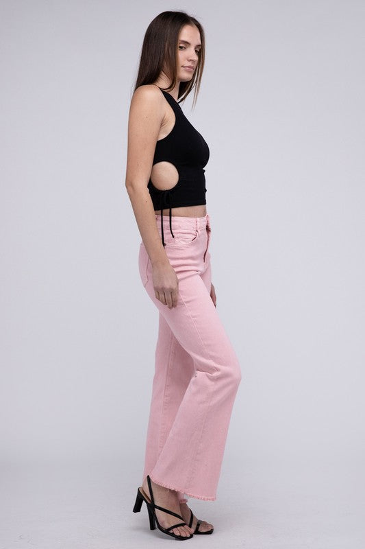 Acid Washed Frayed Cutoff Hem Straight Wide Pants - House of Binx 