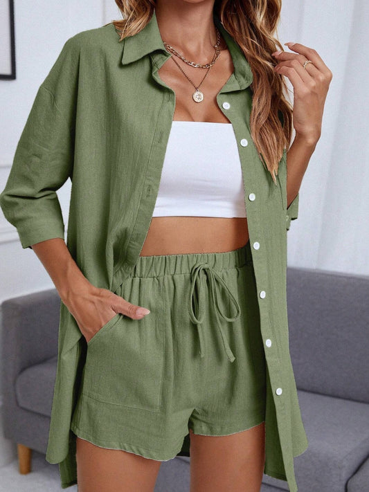 Dropped Shoulder Button Up Shirt and Shorts Set - House of Binx 
