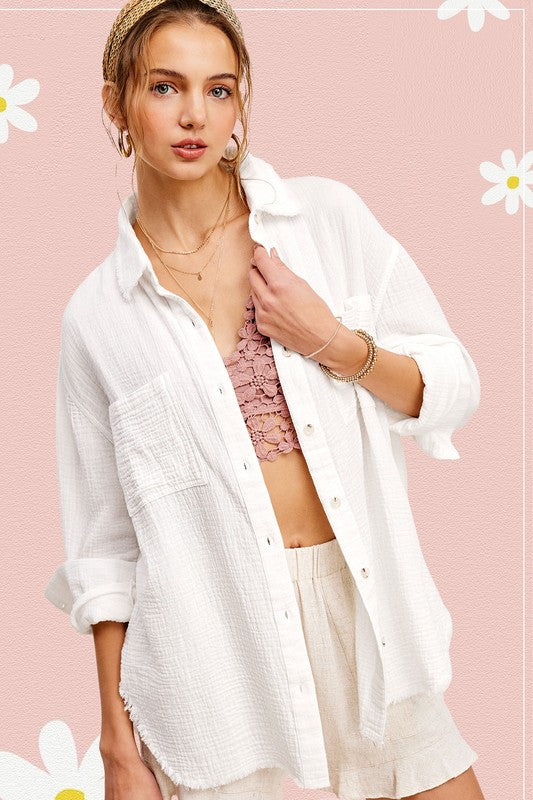 Soft Washed Crinkled Gauze Button Down Shirt - House of Binx 
