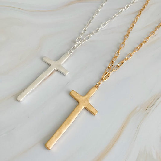 Hammered Cross Long Chain Necklace - House of Binx 