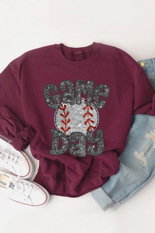 Baseball Game Day Faux Sequins Graphic Sweatshirts - House of Binx 