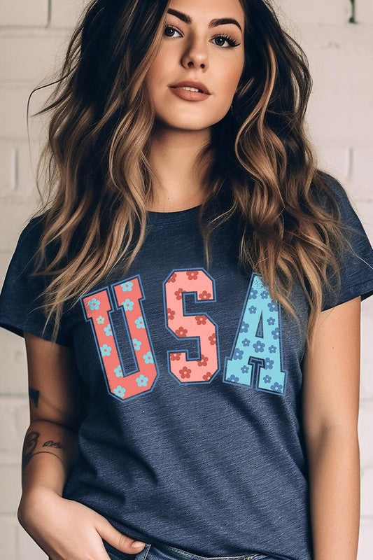 Floral USA 4th of July Graphic T Shirts