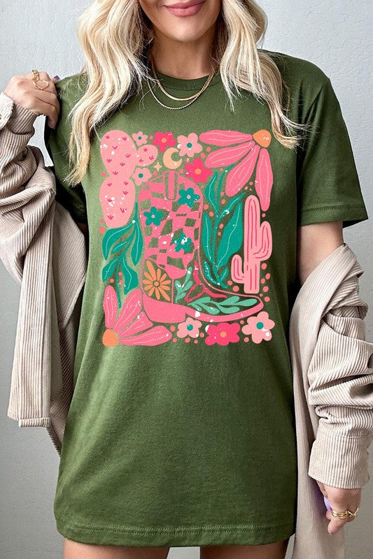 Boho Cowgirl Boot Floral Graphic T Shirts - House of Binx 