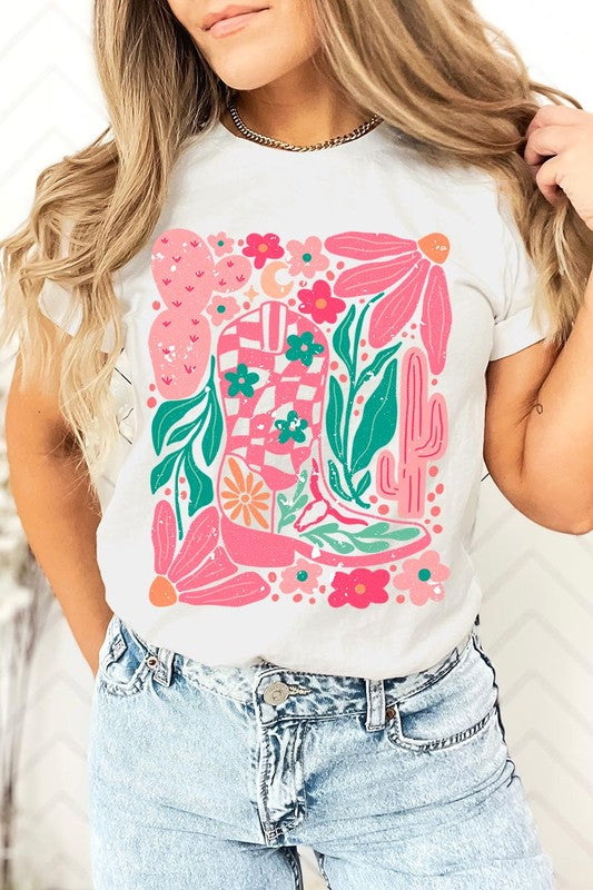 Boho Cowgirl Boot Floral Graphic T Shirts - House of Binx 