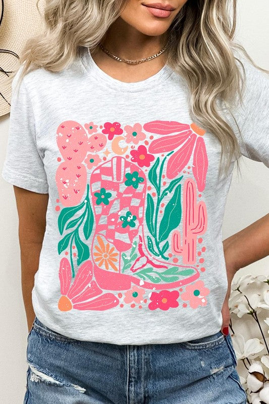 Boho Cowgirl Boot Floral Graphic T Shirts - House of Binx 