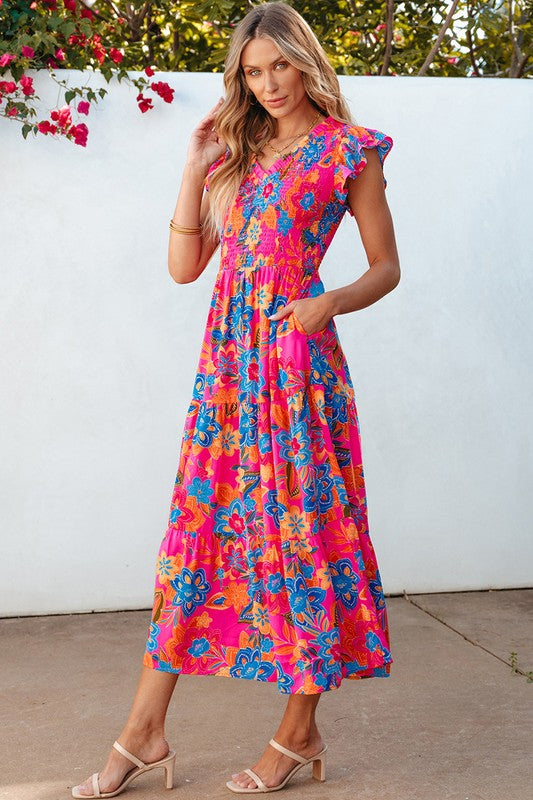 Women Boho Floral V Neck Ruffle Tiered Long Dress