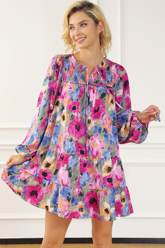 Women Floral Tie Neck Bubble Sleeve Shift Dress