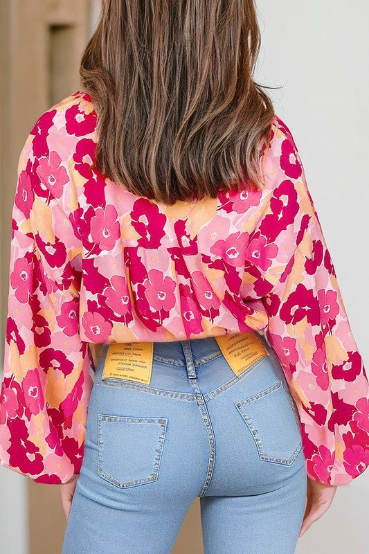 Blooming Floral Print Puff Sleeve Buttoned Shirt