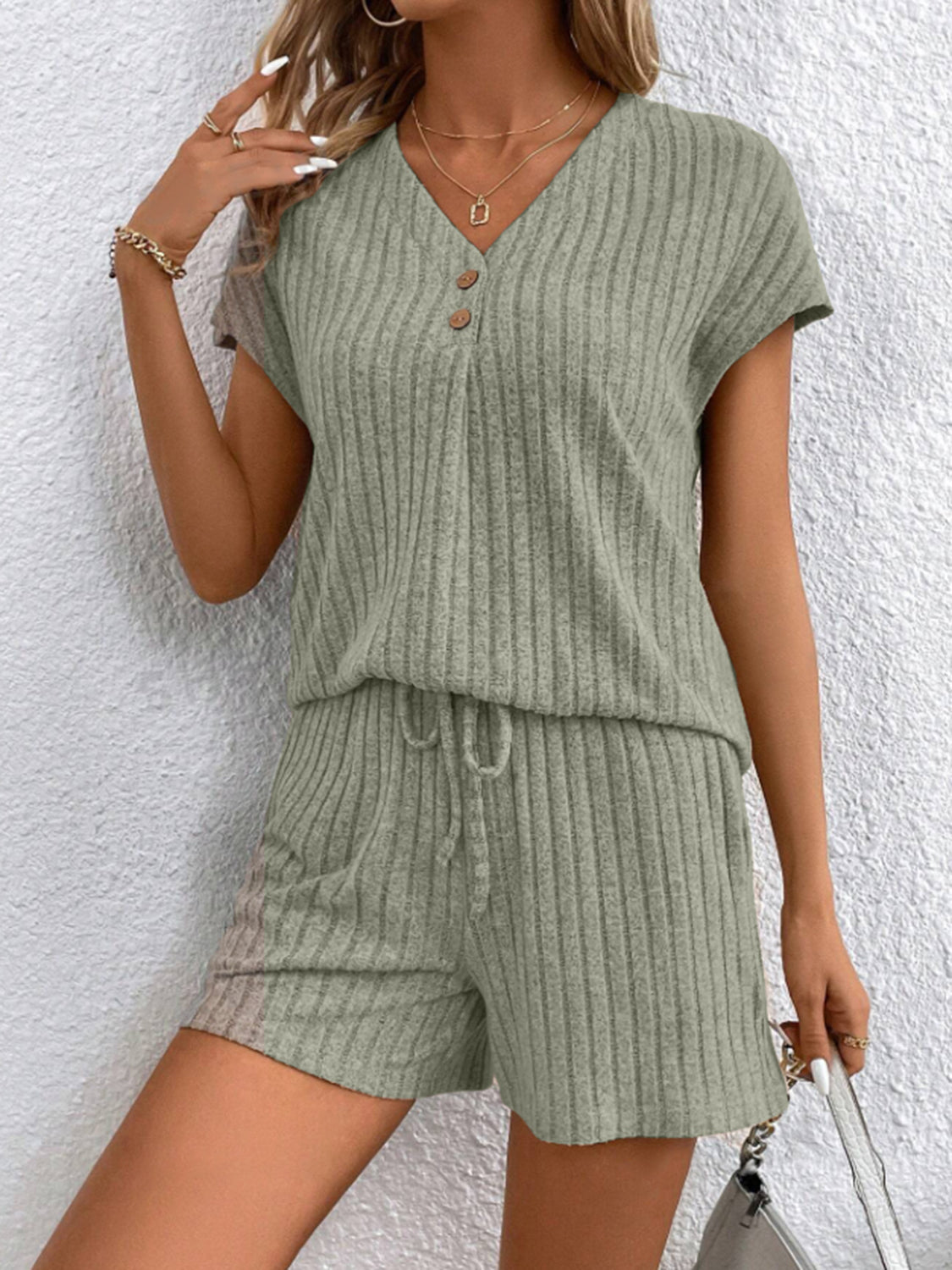 Ribbed V-Neck Top and Shorts Set - House of Binx 