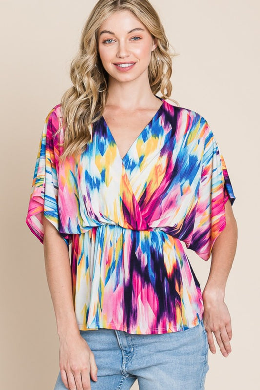 BOMBOM Printed Surplice Peplum Blouse - House of Binx 