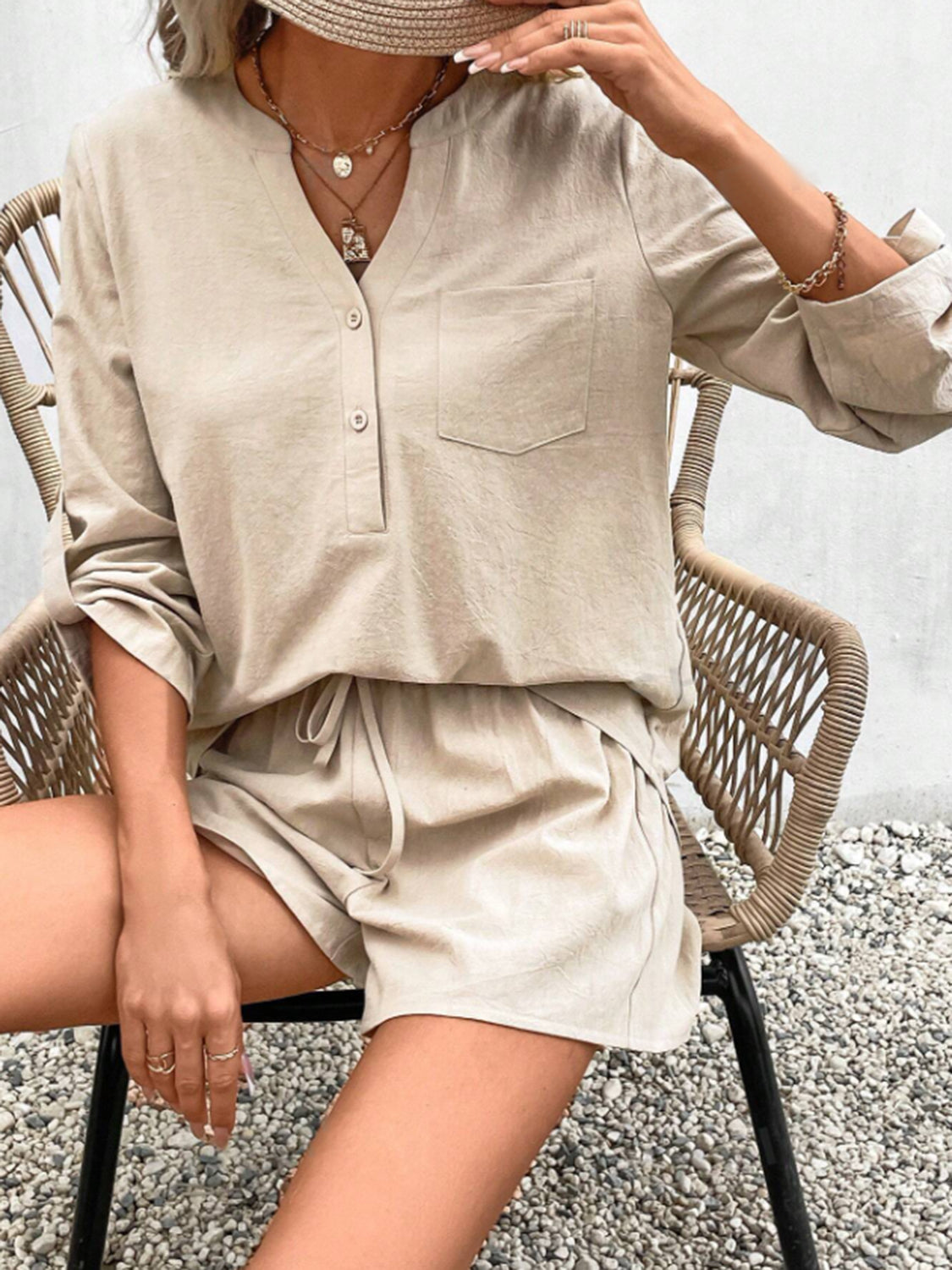 Notched Long Sleeve Top and Shorts Set - House of Binx 