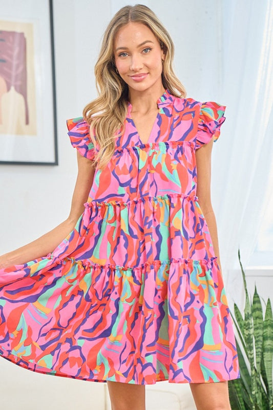 First Love Full Size Printed Ruffle Cap Sleeve Tiered Dress - House of Binx 