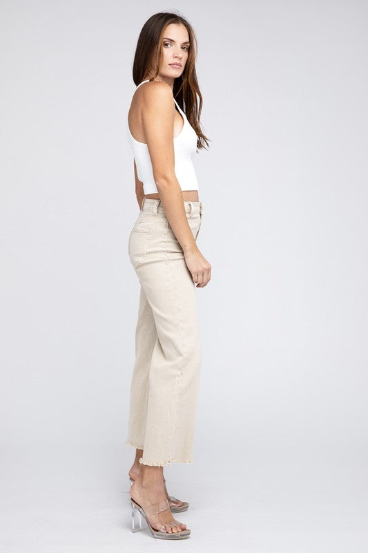 Acid Wash Frayed Cutoff Hem Straight Wide Pants - House of Binx 